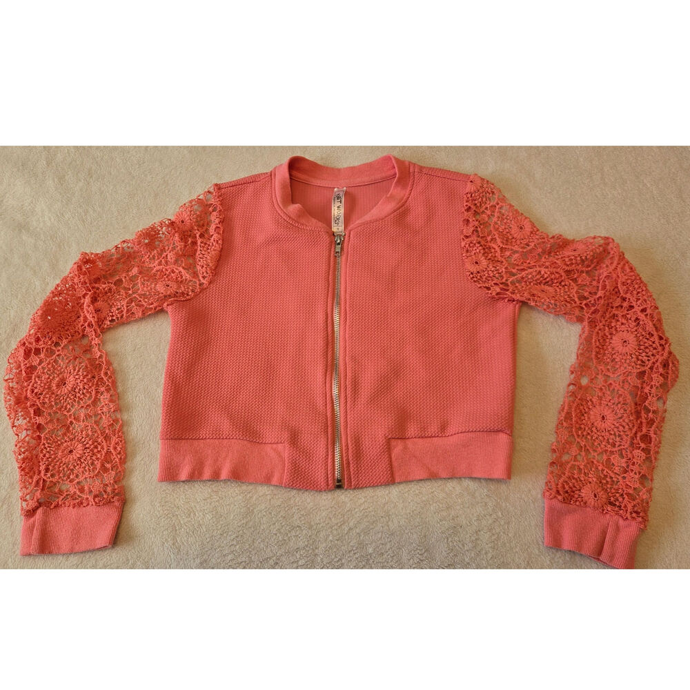 Sz 16 KNIT WORKS Girl's Coral Waffle Cropped Lace Long-slv Bomber Style Jacket